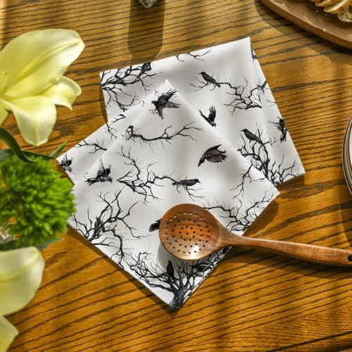 Horaldaily Halloween Cloth Napkins, Crow Tree Napkins Set of 12