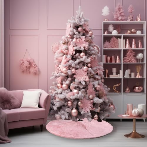 AOGU 48 Inch Faux Fur Christmas Tree Skirt Pink Shiny Plush Skirt for Merry Christmas Party Christmas Tree Decoration