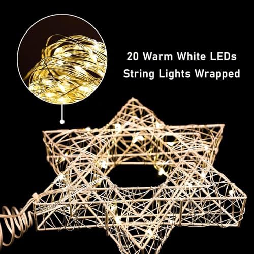 Star of David Christmas Tree Topper, Silver Hanukkah Treetop Battery Powered with Timer, Woven Iron Ribbon Warm White Light String, 7'' Star Tree Topper for Chanukah, Xmas Tree, Wedding