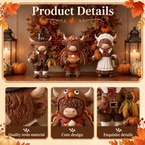 Simgoing 3 Pcs Fall Highland Cow Figurines Pilgrim and Turkey Cow Decor