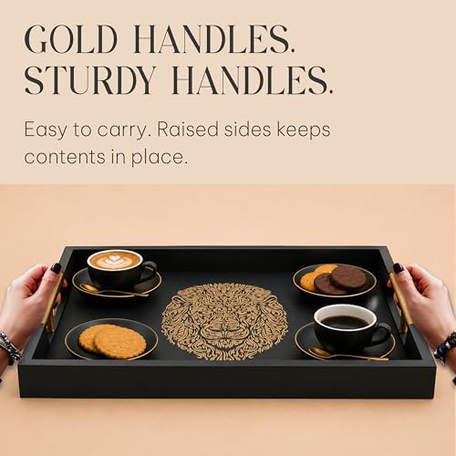 Serving Tray with Gold Lion Design, Black Gloss by Death Decor