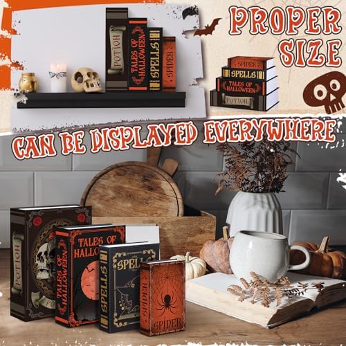 Sabary Set of 4 Decorative Books Boxes Faux Books Stacked for Coffee Tables Modern Home Bookshelves DIY Crafts Decor (Skull Style)