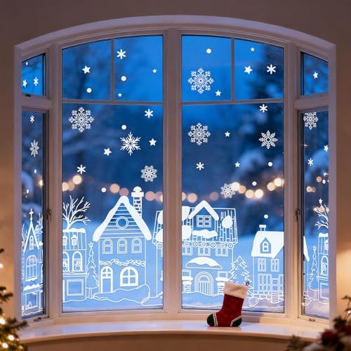 JarThenaAMCS 13.8 * 35.4'' Extra Large Christmas Window Clings 4 Sheets White House Snowflake Xmas Tree Window Stickers Double-Sided Glass Decals for Winter Xmas Home Classroom Office Party Decoration