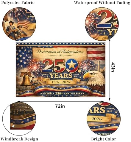America 250 Anniversary Photo Backdrop Patriotic Banner 4th of July Fourth of July Party Decorations and Supplies for Home (43 X 71 Inch)