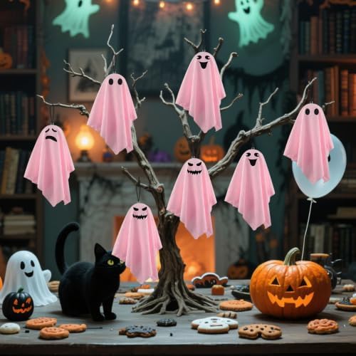 16 Pack Halloween Small Hanging Ghost 8.27Inch Pink Ghosts Tree Ornaments for Front Yard Porch Patio Lawn Garden Indoor Outdoor Holiday Party Decor