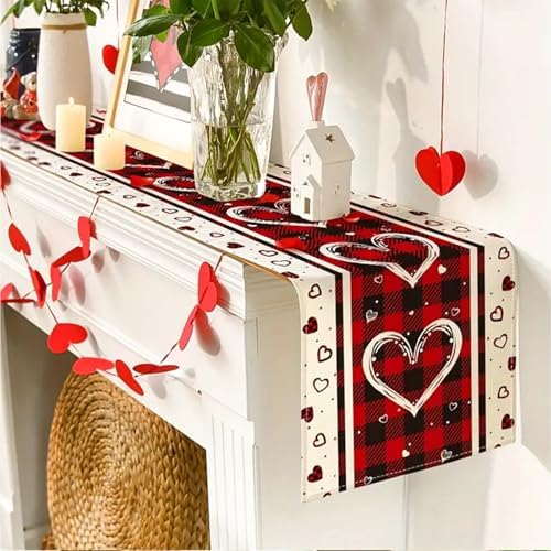 Niviy Plaid Love Hearts Valentines Table Runner 13 x 90 Inch, Wedding Seasonal Holiday Anniversary Decoration for Indoor Home Party
