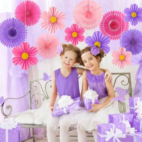 ADLKGG 12 Pcs Pink Purple Party Decorations, Paper Fans Flower Wall