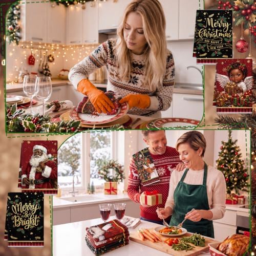 Redbaker 6 Pcs Christmas Kitchen Towels, Black Santa Claus Funny Dish Towel, Xmas Angel Absorbent Fast Drying Tea Dishcloth with Hanging Loop for Kitchen Bathroom Home Housewarming Gift