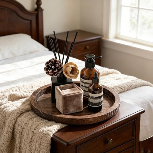 11 Inches Round Wooden Tray Decor, Brown Decorative Trays