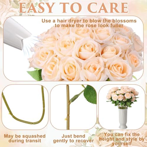 36 Pcs Champagne Artificial Roses with Long Stems