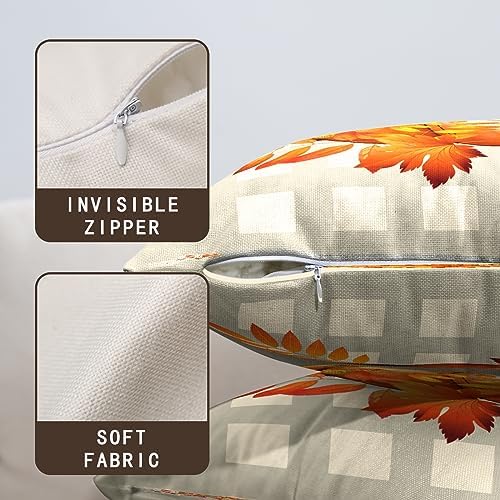 Fall Pillow Covers 24x24 Maple Leaf Pumpkin Farmhouse Decorative Pillow Covers Set of 2 Orange Plaid Autumn Linen Throw Pillow Covers Happy Fall Thanksgiving Pillow Cases for Sofa Home Decor