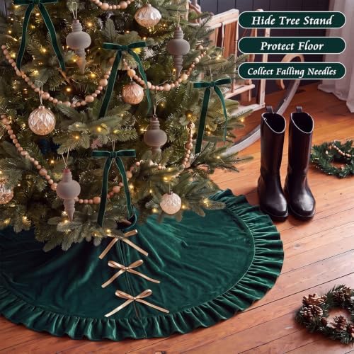 Velvet Christmas Tree Skirt, 48 Inches, Bow Style, Dark Green
