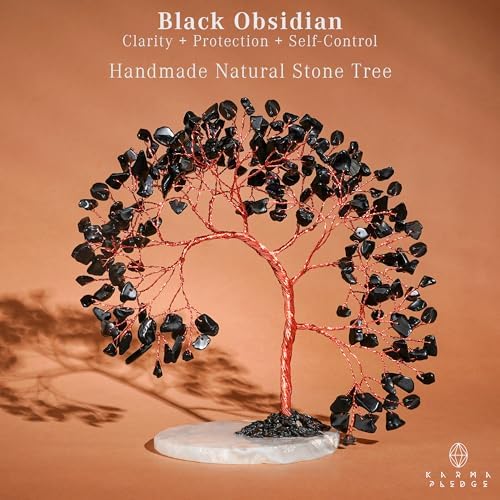 KARMAPLEDGE Crystal Tree of Life for Home, Office, Room, Wall Decor to Bring Money & Good Luck, Handmade Black Obsidian