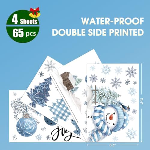 Horaldaily 65 PCS Christmas Window Cling Sticker, Blue Xmas Ball Ornaments Trees Snowman for Home Party Supplies Shop Window Glass Display Decoration