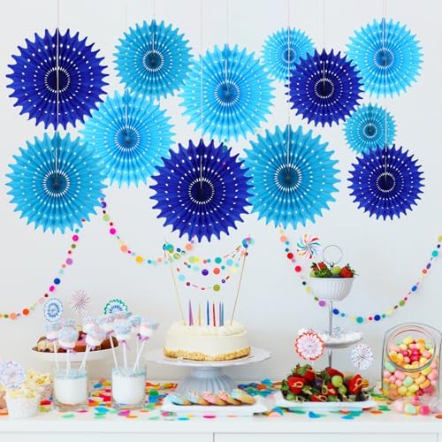 12PCS Paper Fans Blue Party Decorations Tissue Paper Flowers Decorations for Girl Groovy Birthday Baby Shower Wedding Bachelorette Room Wall Hanging Décor
