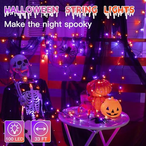 Guhope 33FT 100 LED Halloween Lights, Orange + Purple Halloween Lights Outdoor with 8 Lighting Modes, Waterproof String Lights for Halloween Christmas Outdoor Party Yard Garden Decoration
