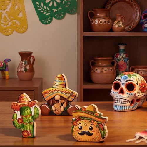 Smile Cinco De Mayo Wooden Tabletop Wooden Decor Set of 3 Mexican Fiesta Figurines (Gnome, Cactus, Taco) for Tiered Tray & Party Display