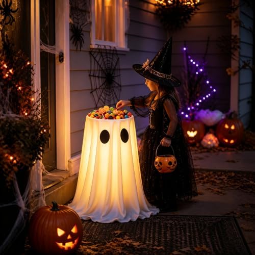 USB Powered Halloween Ghost Candy Bowl Stand w/ 8-Mode Remote LED Lights