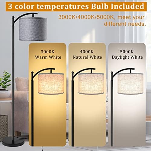 ROTTOGOON Floor Lamp with 3CCT LED Bulb, Gray Linen Lamp Shade for Living Room, Modern Standing Lamp for Bedrooms