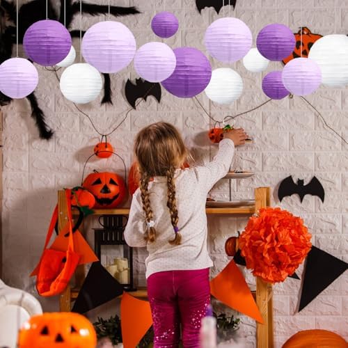 18Pcs Purple Light Purple White Paper Lanterns for Parties, 6” 8” 10” 12” Chinese Asian Hanging Round Paper Lanterns for Birthday Wedding Halloween Christmas Home Decor Party Decor