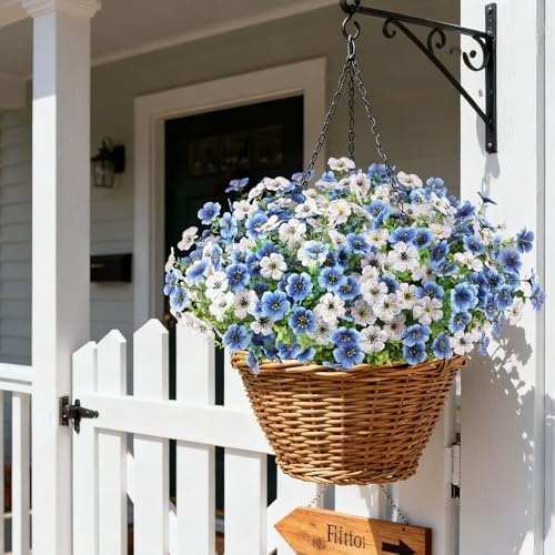 16PCS UV Resistant Artificial Flowers for Outdoors, White + Blue