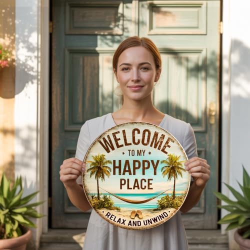 Welcome To My Happy Place Wooden Hanging Sign for House Front Door, Lake Beach House Welcome Sign for Porch Garden Patio