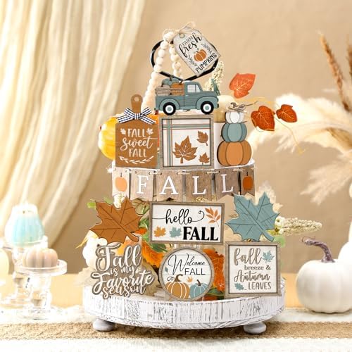 DoubleFill 21 Pcs Fall Tiered Tray Decoration Set Autumn Table Sign