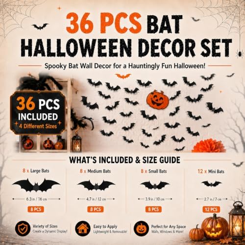 8Pack Halloween Decorations Indoor Halloween Decor, Spider Web Table Cloth/Black Lace Table Runner, Fireplace Mantel Scarf, Cobweb Lampshade with 3D Bat Wall Stickers, Halloween Spooky Home Decor.