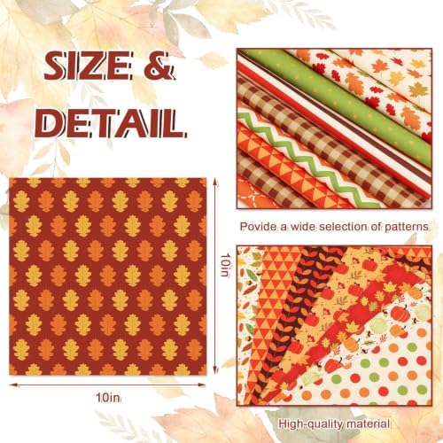 JarThenaAMCS 40Pcs Fall Cotton Fabric Bundles 10 x 10 Inch Maple Leaf Pumpkin Dot Plaid Stripe Fabric Squares Autumn Thanksgiving Sewing Fabrics for DIY Craft Party Decor