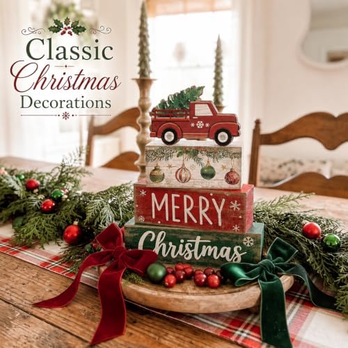 Lineshading 4 Pcs Christmas Table Decor, Red Truck Tree Block Sign Home
