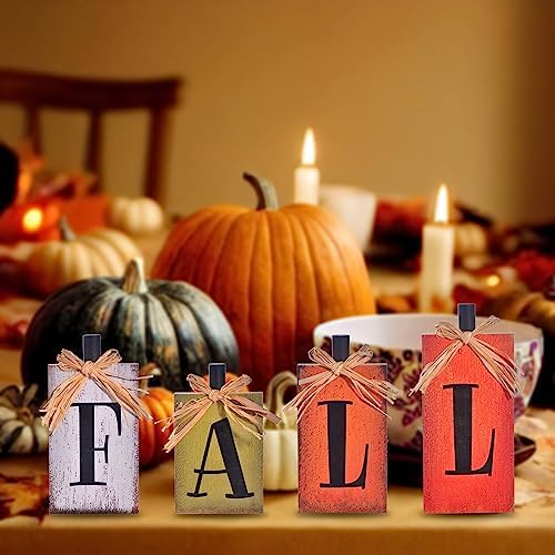 Ovootok Fall Decorations for Home, 4 Pcs Rustic Farmhouse Home Decor Signs, FALL Centerpieces for Tables, Autumn Decor Sign Block Set for Thanksgiving Party Harvest Kitchen Tiered Tray Mantel (4