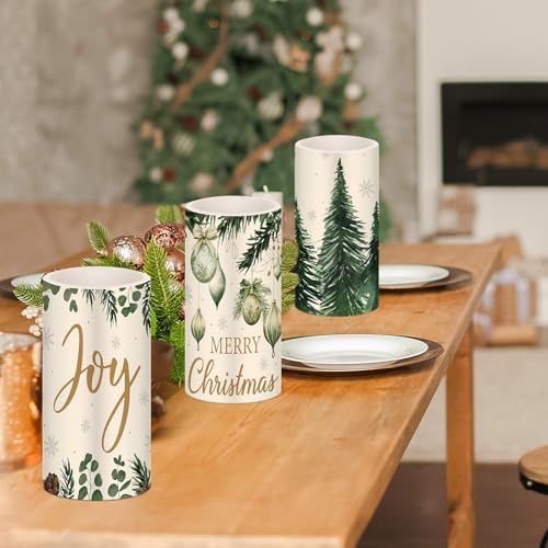 Retisee 3 Pcs Green Christmas Flameless LED Candles with Remote
