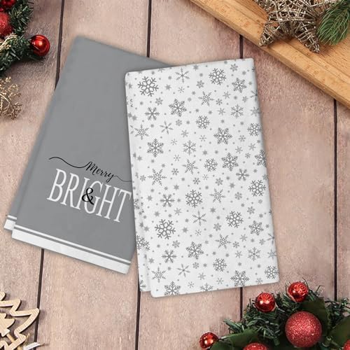 JOOCAR Christmas Snowflake Kitchen Towels Grey Snowflake Dish Towels Set of 2, 16x27 Inch Seasonal Winter Holiday Decor Drying Dishcloth, Chrismtas Decoration Hand Towels for Bathroom Kitchen