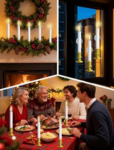 4 Pack Christmas Window Candle Lamps, Battery Operated Window Candle Lights with Automatic Timer and C26 3V LED Bulbs Candlestick for Indoor Windows Table Decor, 4 Suction Cups