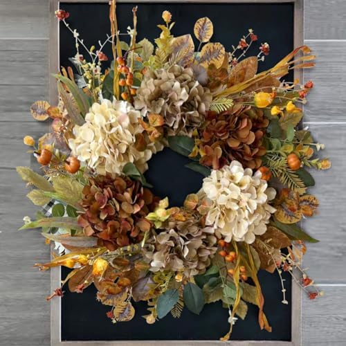 WANNA-CUL 24 Inch Fall Wreaths for Front Door with Hydrangea,Mini Pumpkins