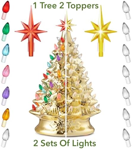 Casafield Hand Painted Ceramic Christmas Tree, Gold 15-Inch Pre-Lit Tree with 128 Multi Color Lights and 2 Star Toppers