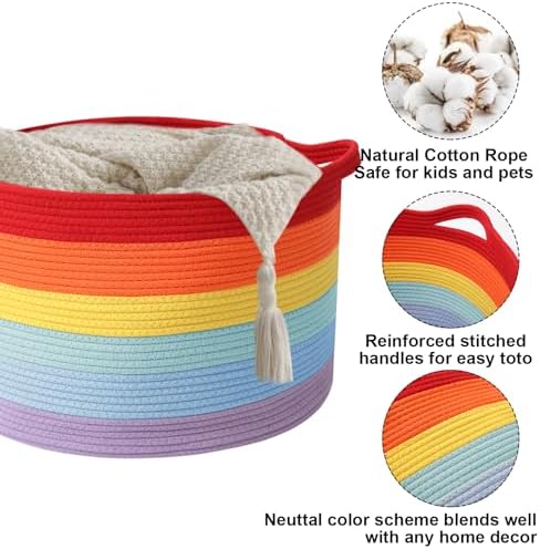 90L Large Blanket Basket,Rope Woven Laundry Basket-Rainbow