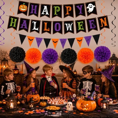 Halloween Decorations - HAPPY HALLOWEEN Banner with Hanging Swirls Pompoms