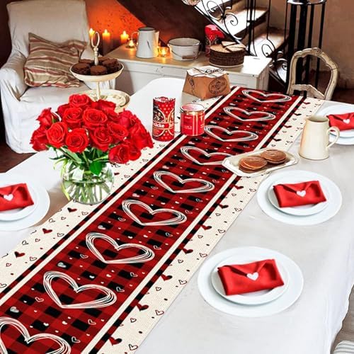 Niviy Plaid Love Hearts Valentines Table Runner 13 x 72 Inch, Wedding Seasonal Holiday Christmas Anniversary Decoration for Indoor Home Party