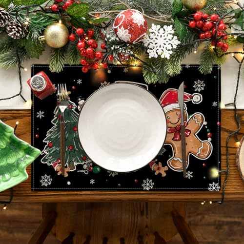 Artoid Mode Snowman Tree Gingerbread Black Christmas Placemats Set of 4, 12x18 Inch Seasonal Winter Holiday Table Mats for Party Kitchen Dining Decoration