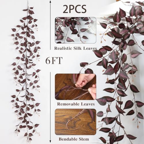 Mizii 2 Strands Artificial Vines Garland 72" Fake Vine with Silk Burgundy Leaves Faux Hanging Plants Greenery Decoration for Outdoors Indoor Room Mantle Table Centerpieces Fall Decor (Burgundy)