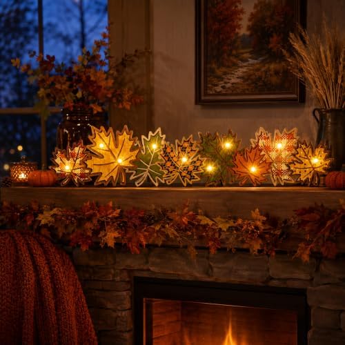 Rattanview Fall Maple Lighted Decorations, Wooden Table Centerpiece