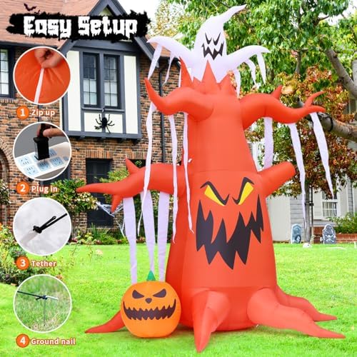 GOOSH 10 FT Halloween Inflatables Tree Outdoor Decorations Blow Up Yard Scary Dead Tree with Pumpkin and Ghost with Built-in LEDs for Garden Lawn Indoor Party Decor