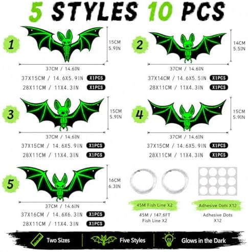 10PCS Glow in The Dark Halloween Bats, Upgraded Luminous PVC Hanging Bat Decorations, Waterproof Spooky Bat Wall Stickers for Indoor Outdoor Yard Porch Tree Window Halloween Decor