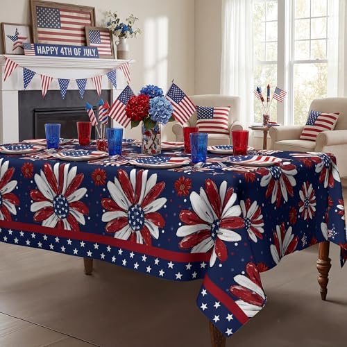 4th of July Tablecloth 54x54 Inch Square, Patriotic Memorial Day Flowers Print Decorations for Home Table Cloth, Independence Day Blue Seasonal Decor Tablecloths Polyester for Picnic Party Supplies