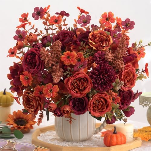Mixed 8pcs Fall Artificial Peony Hydrangea Bouquet, Coffee Brown Silk Faux Flower, Autumn Faux Floral Arrangements for Wedding Table Thanksgiving Outdoor Planters Porch Patio Garden Yard