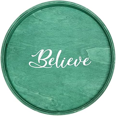 Elegant Designs HG2013-GBL Christmas Decorative 13.75'' Round Wood Serving Tray w/Handles, Green Believe