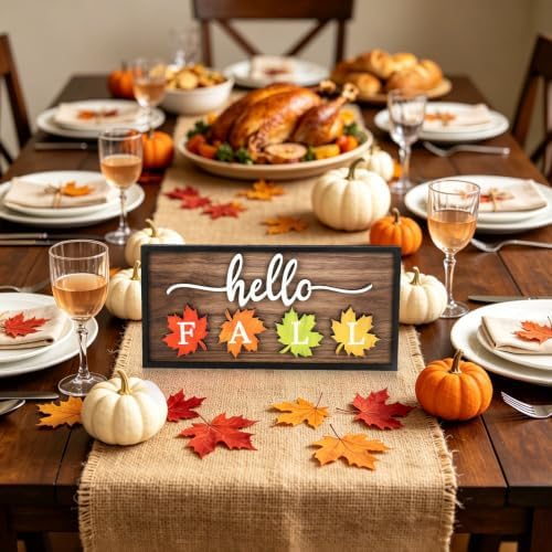 Hello Fall Table Decorations Wooden Block Sign Maple Leaf Letter Block