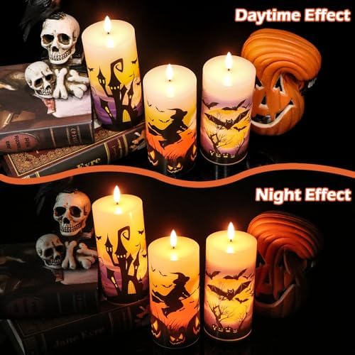 Halloween Flameless Pillar Candles Battery Operated Remote Timer