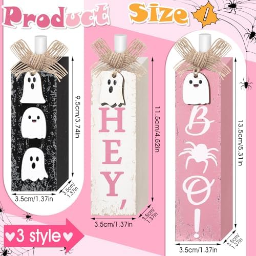 Redbaker 3 Pcs Pink Halloween Table Decor, Pastel Ghost Wood Decor for Home